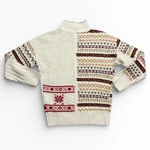 American Eagle Fair Isle Patchwork Knit Sweater Cream Red Brown XS Y2K Cozy Warm